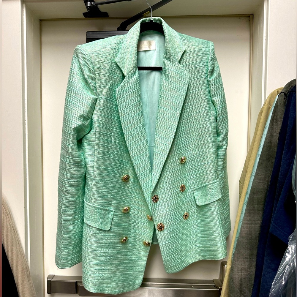 Two piece jacket and skirt set, green, size medium